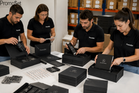 Equipo revisando y montando sets premium antes del envío.